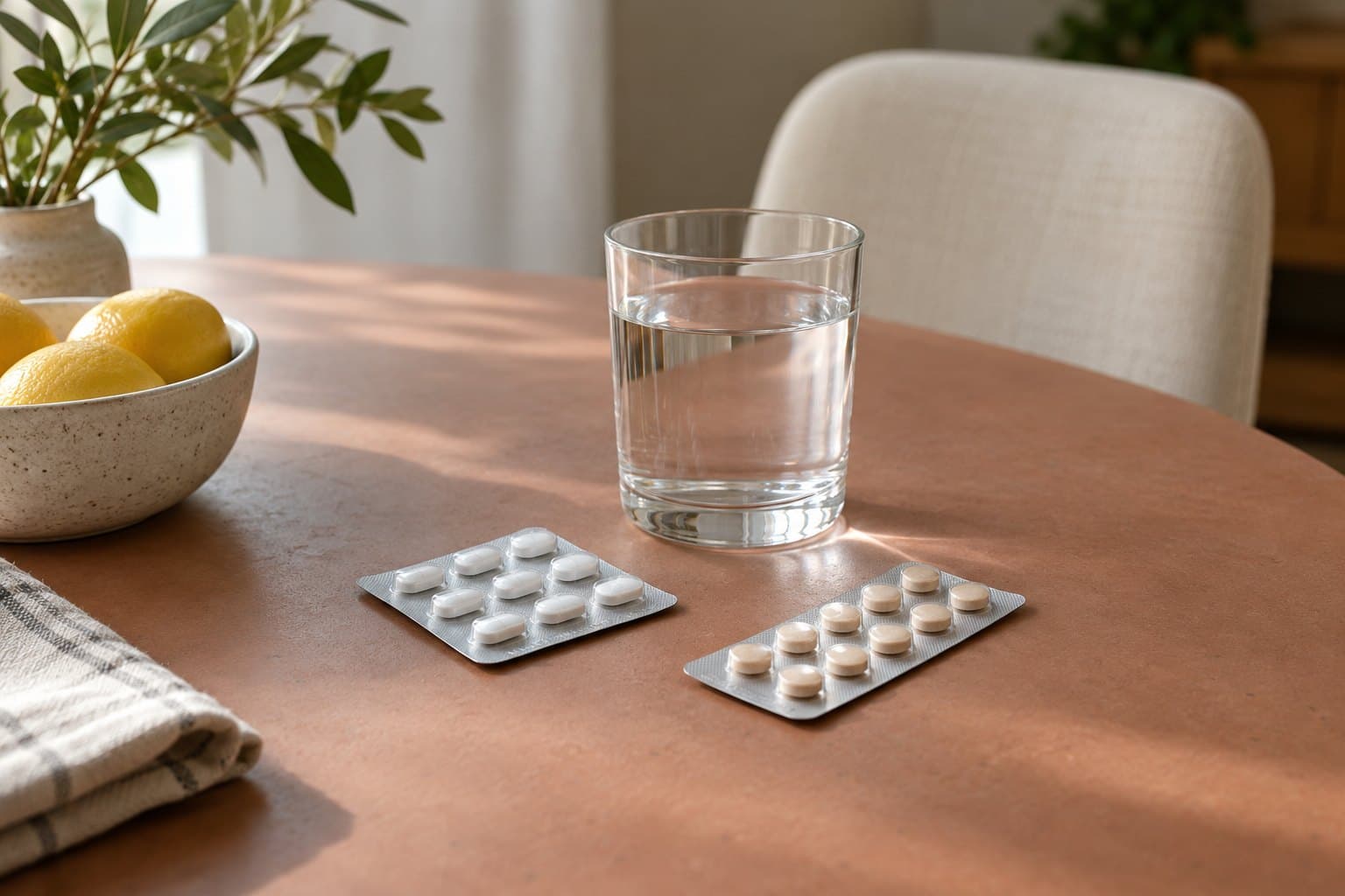A clear water glass and two different blank tablet strips on a muted clay dining surface, cropped cream upholstered chair behind, quiet digestive-medicine comparison