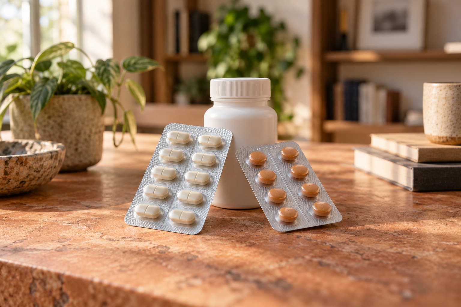 Two distinct generic pill blisters angled toward one another with a plain closed bottle behind, soft terracotta stone surface, sharp foreground and softly blurred warm study