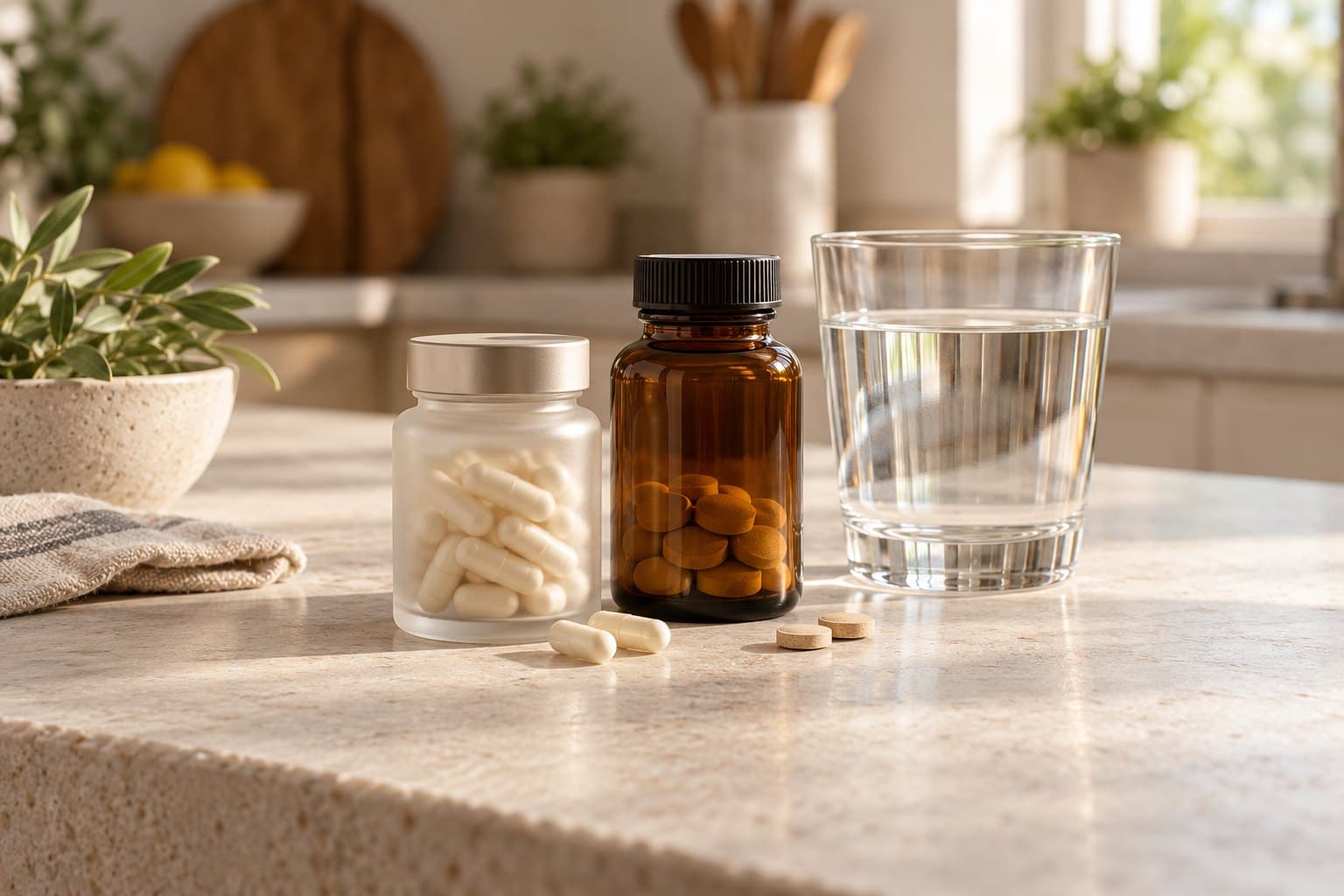 Plain medicine bottles and a glass of water on a modern kitchen counter