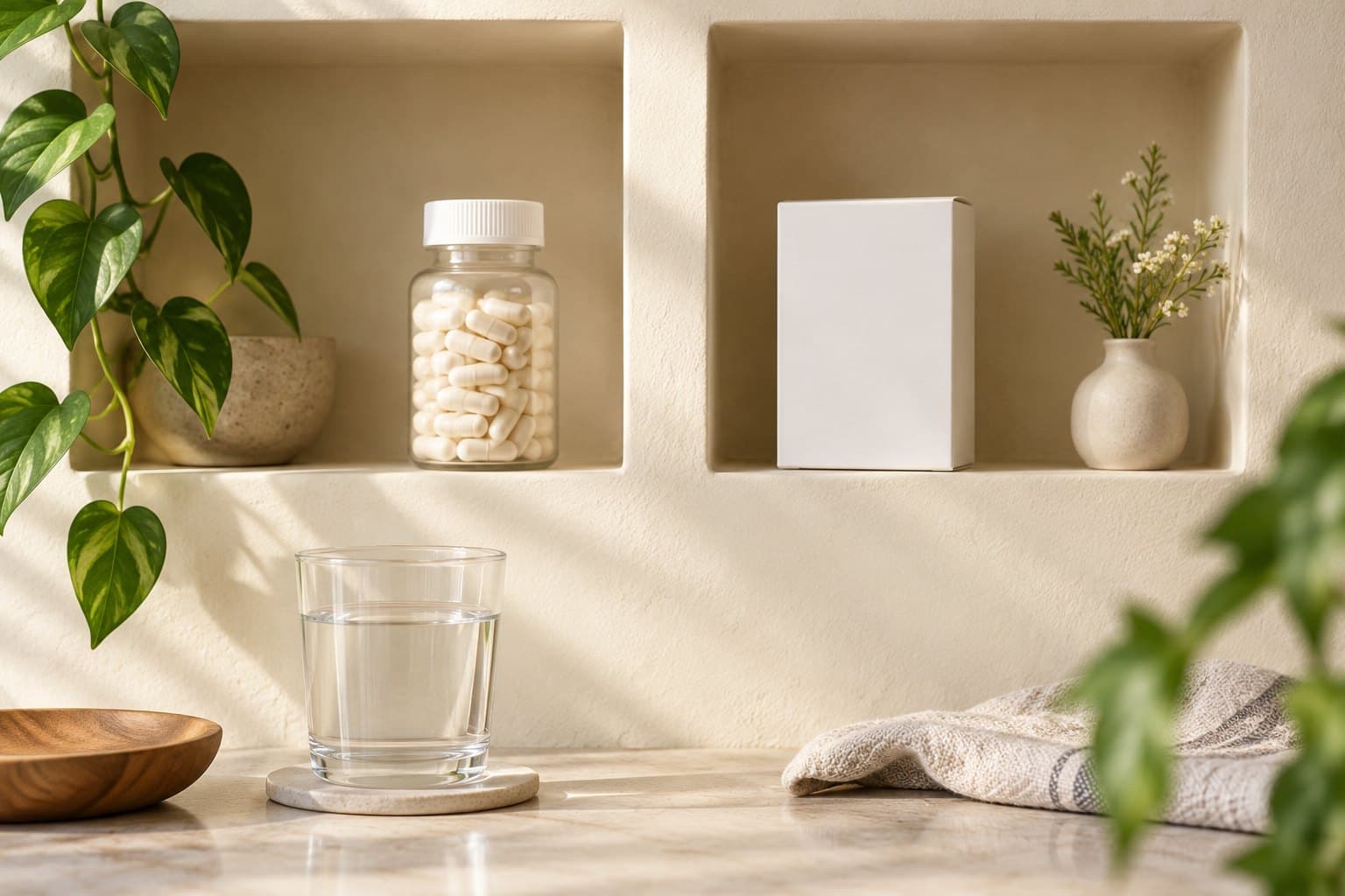 A plain capsule container and a blank tablet carton arranged in two shallow niches of a warm cream shelf, a glass of water below, restrained modern medicine comparison