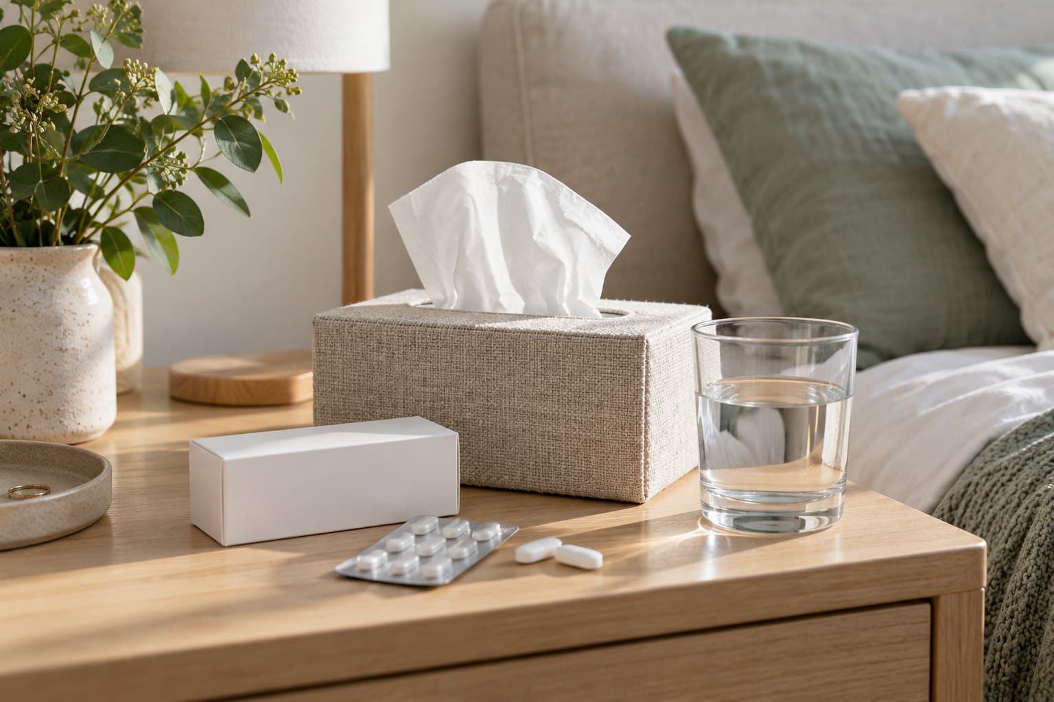 An open linen tissue box, a single tissue, a plain white medicine carton and glass of water on a light wood bedside table