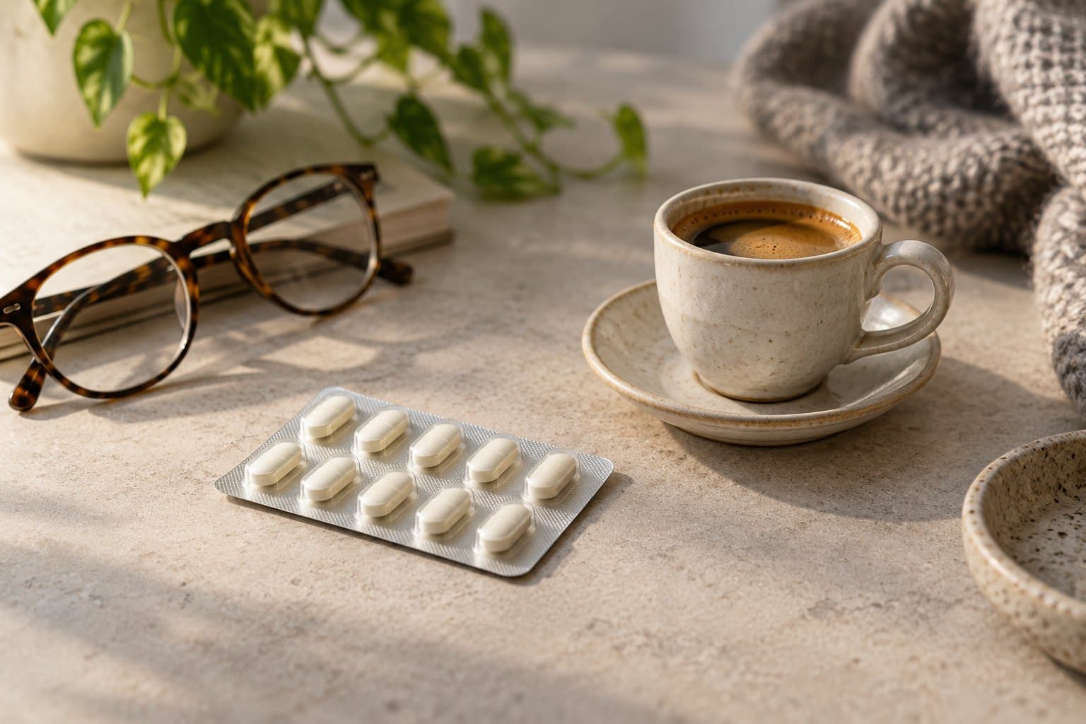 A plain unmarked blister of ivory tablets beside a small ceramic espresso cup and reading glasses on a pale stone desk