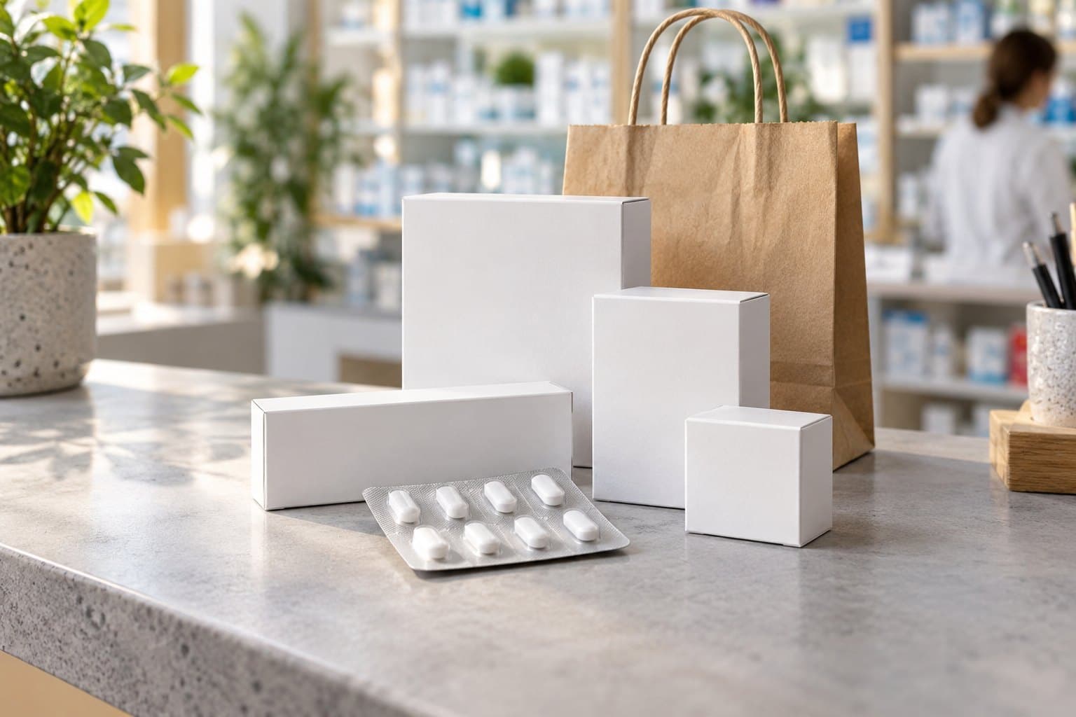 A photo sequence of plain medicine packs, syrup bottles and tablet formats