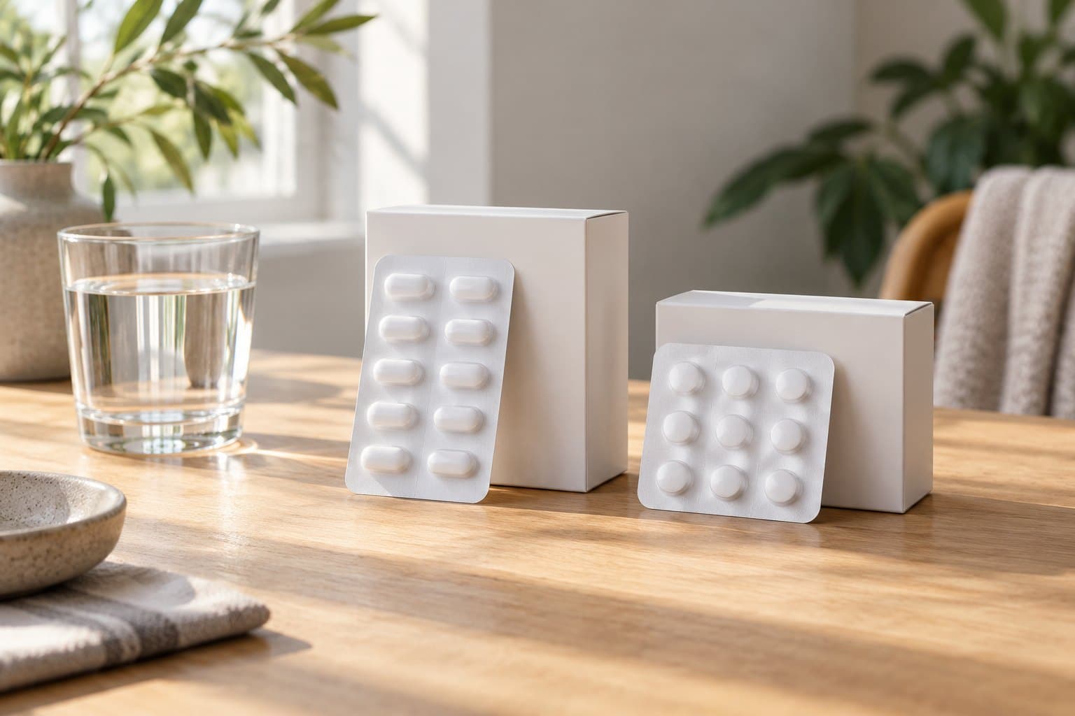 Two plain white tablet blisters of different shapes leaning against separate unmarked cartons on light oak, water glass casting a soft shadow, clean editorial composition