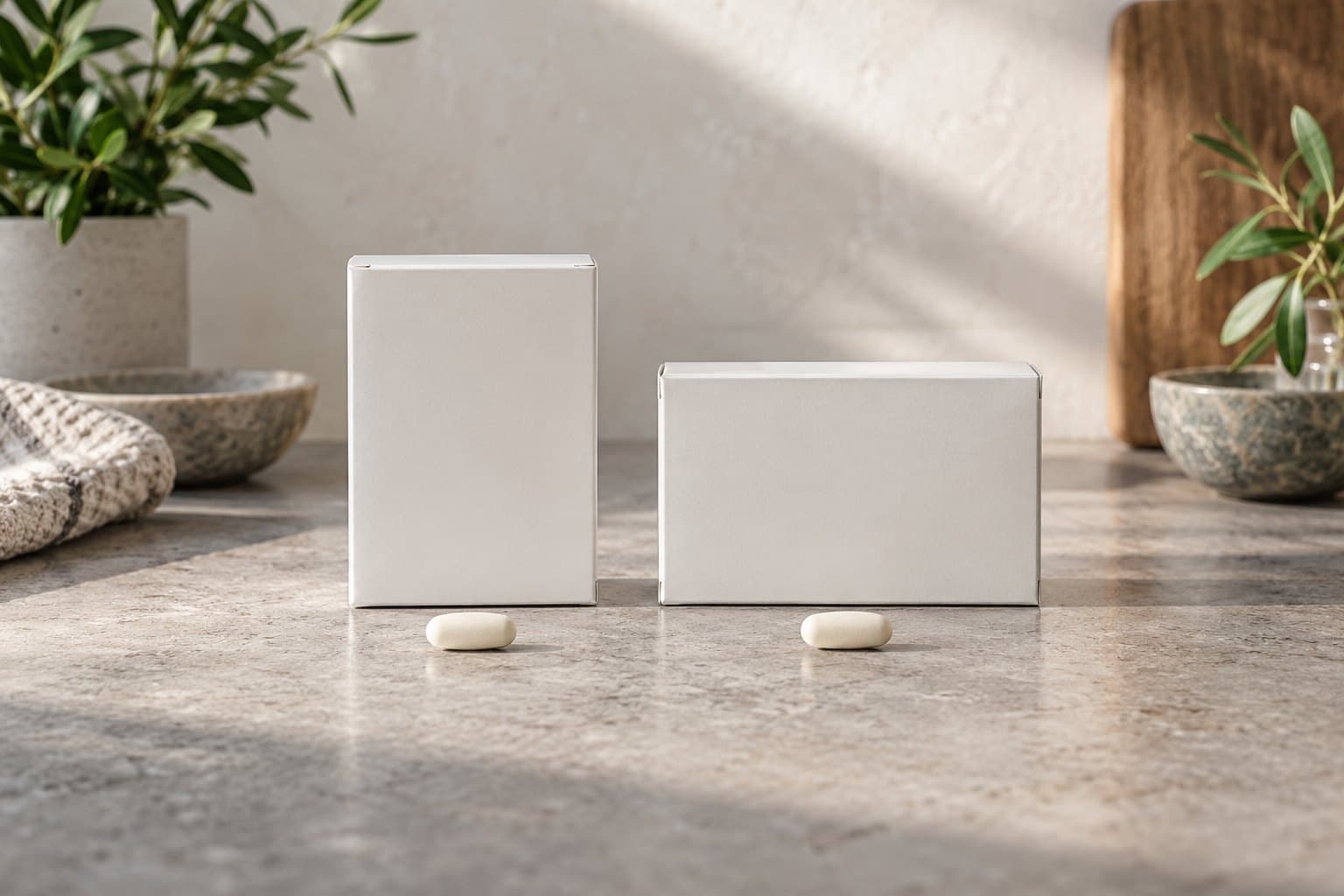 An identical plain ivory tablet placed outside each of two differently shaped blank medicine cartons, side by side on a brushed stone worktop, elegant symmetry
