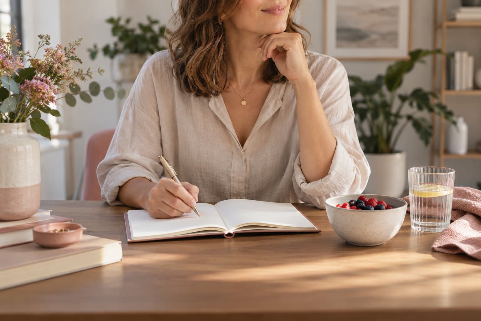 A cropped woman in a loose neutral blouse seated at a modern desk with an open blank notebook, a modest bowl of berries and water glass, soft dusty-rose accents, respectful everyday wellness scene