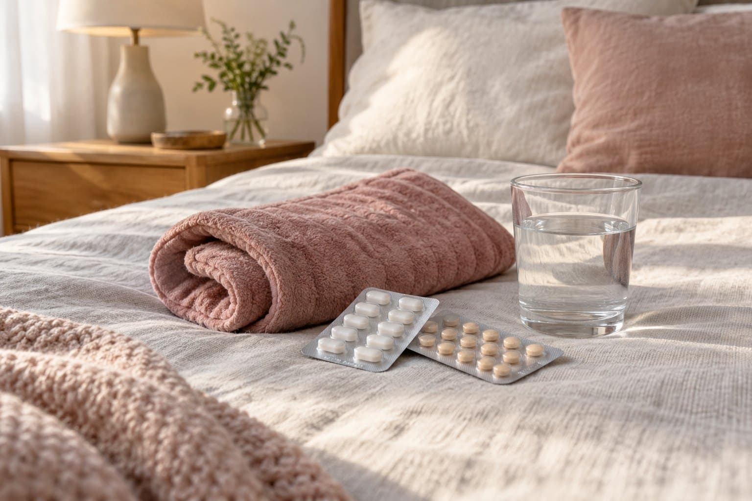 Two blank pill cartons next to a rolled dusty-rose heating pad and a clear glass of water, soft modern bedroom light, no person