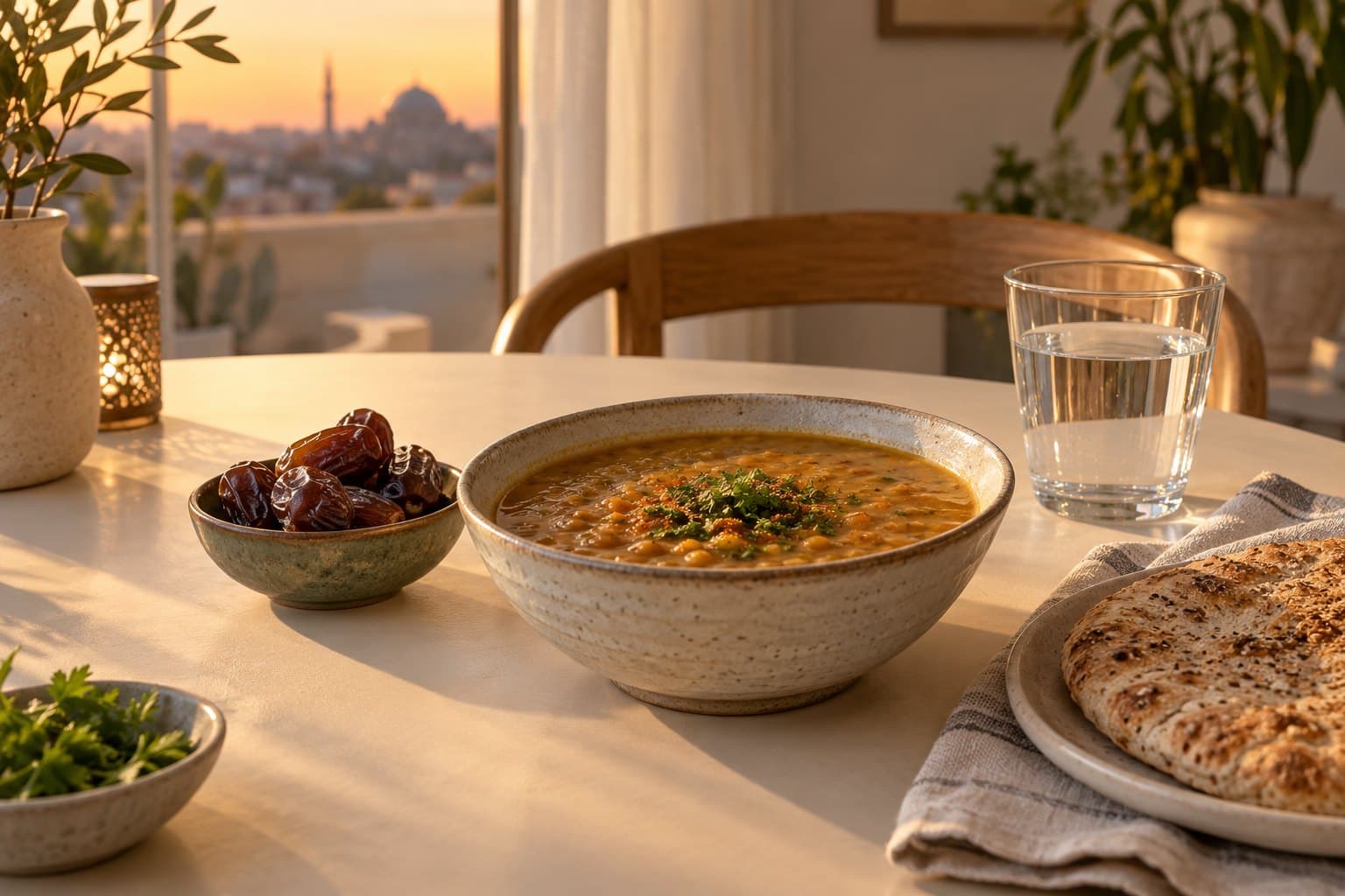 A restrained contemporary Ramadan meal: a small bowl of dates, lentil soup, a wholegrain flatbread and a glass of water on a minimalist cream dining table in soft sunset light
