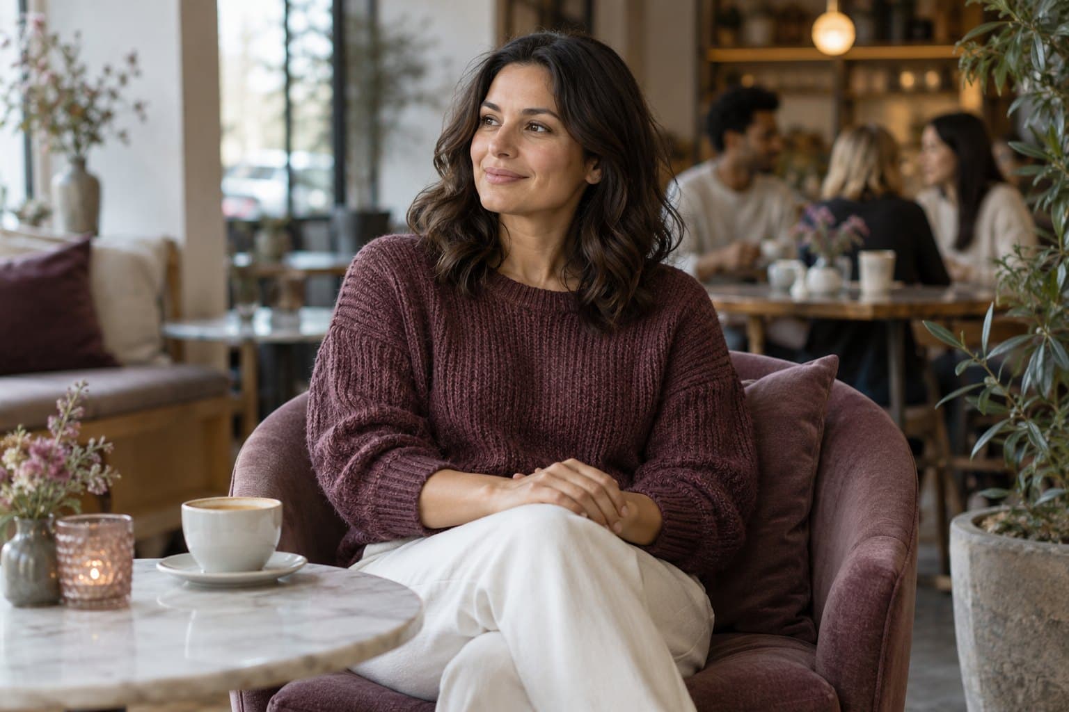 A cropped seated adult with hands resting naturally together on their lap in a calm contemporary cafe, a softly blurred small social group far behind, dusty plum accents, respectful neutral mood