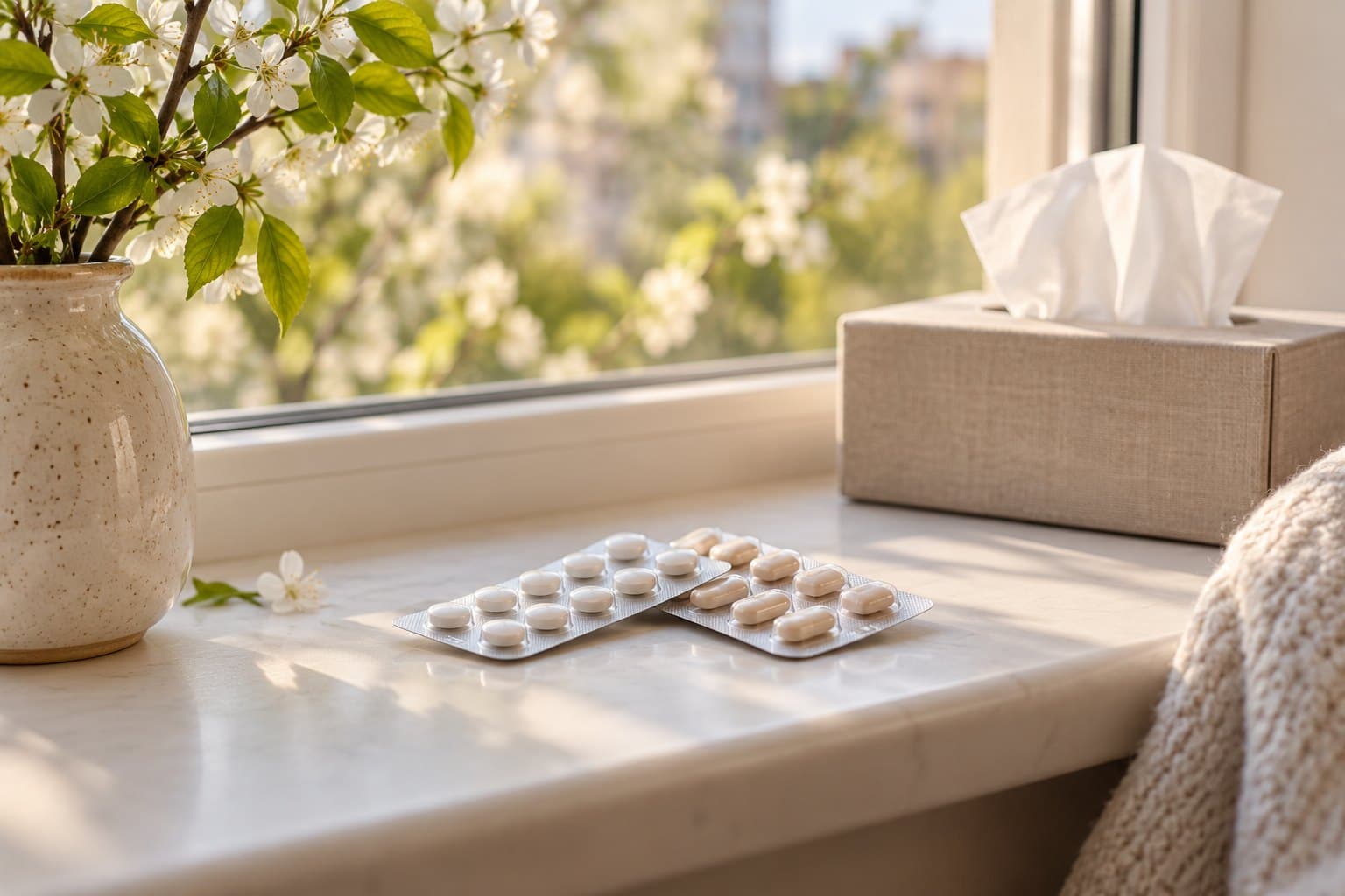 Two unmarked pill strips on a clean window ledge, leafy spring branches blurred outdoors and a closed tissue box behind, fresh apricot light