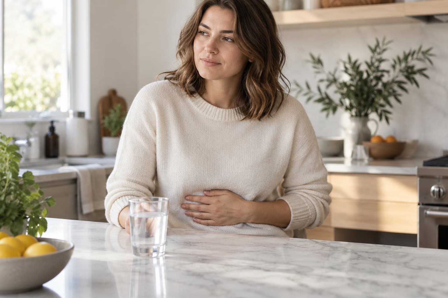 A cropped adult in a soft cream sweater seated upright at a modern kitchen island, one relaxed hand resting against their abdomen, a clear glass of water in the foreground
