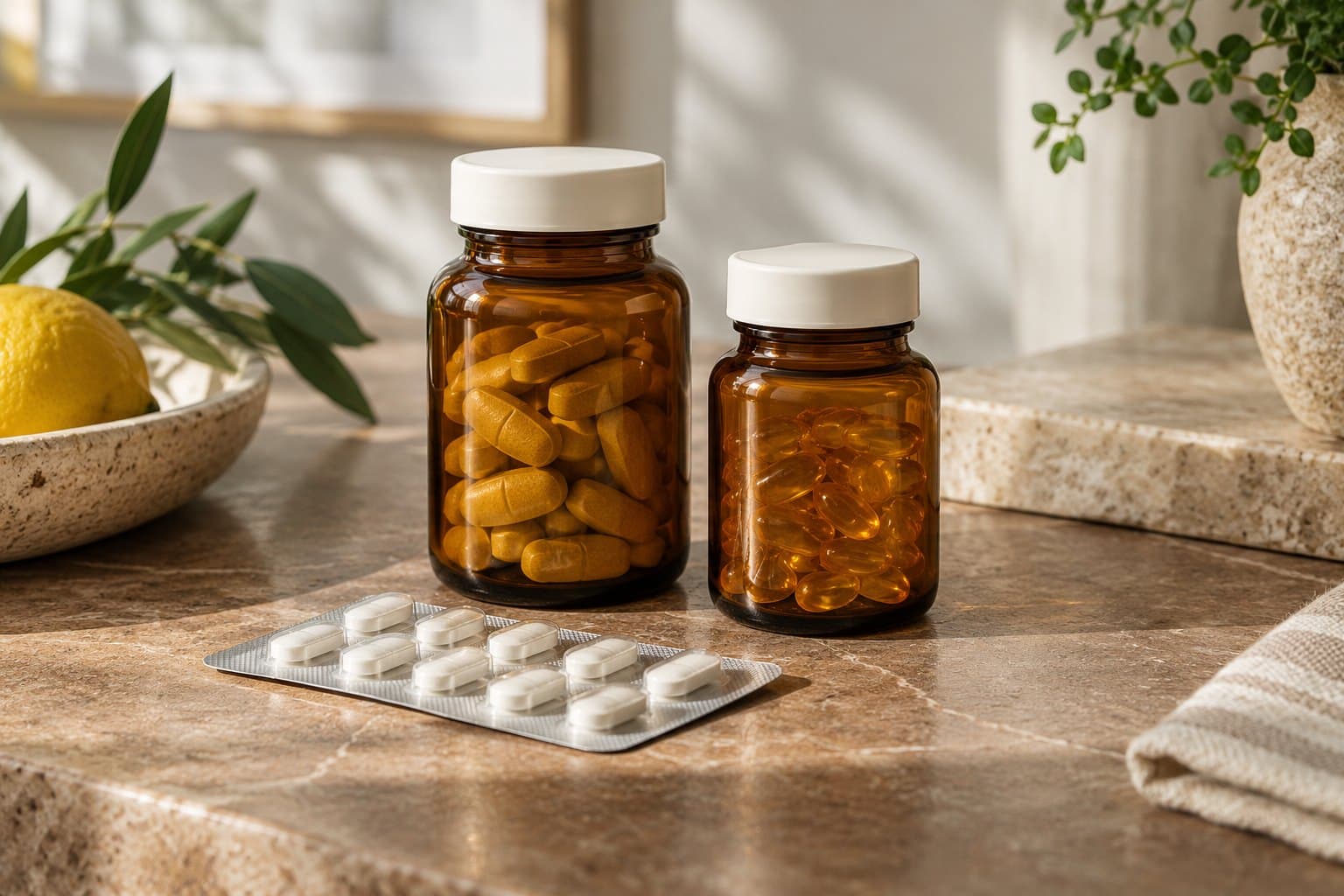Two different plain amber vitamin bottles with ivory lids on warm bronze-toned stone, one closed plain tablet blister in the foreground, refined supplement comparison