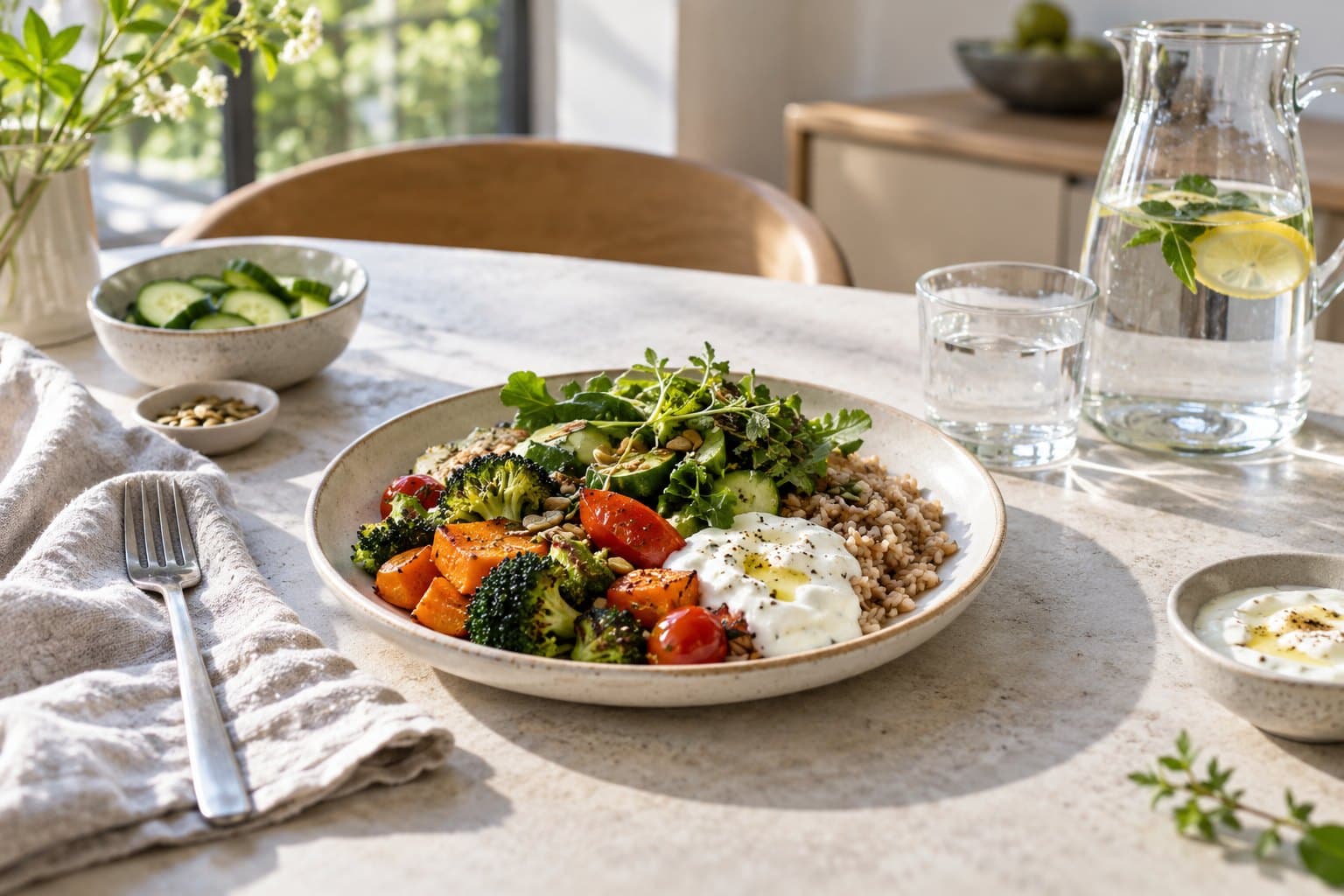 A pale ceramic dinner plate with vegetables, brown rice and plain yogurt, a clear water pitcher and cut cucumber on a light contemporary table
