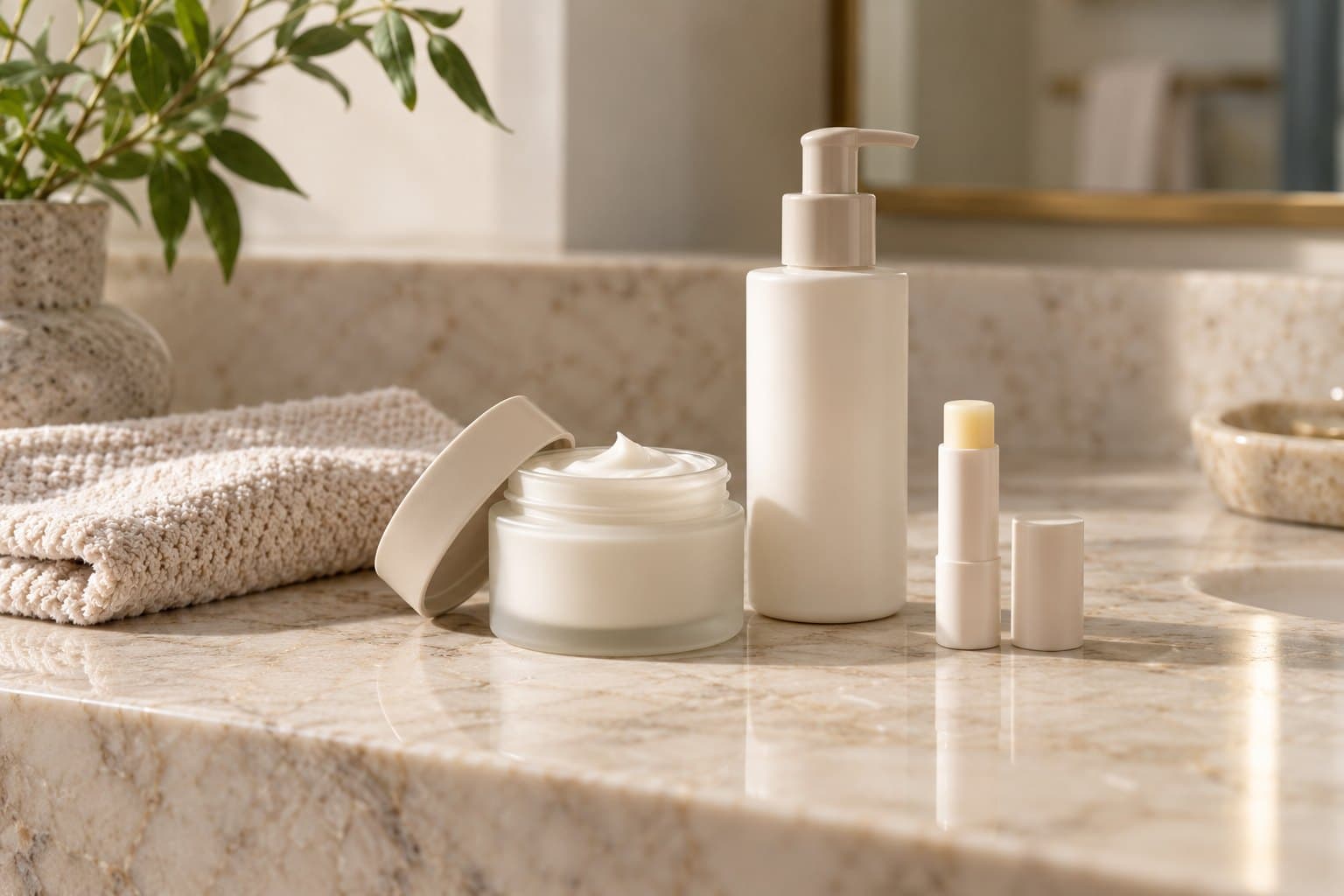 Three plain unbranded skincare vessels, a cream jar, cleanser pump and lip balm, on a soft warm marble vanity beside a folded cotton washcloth